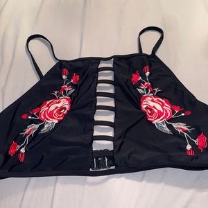 Black flower embroidered swim top